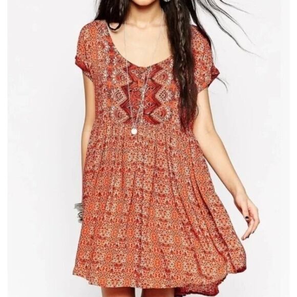 Free People Sundown Mini Dress Women Small Orange Scoop Neck Open Back Babydoll - Picture 12 of 14